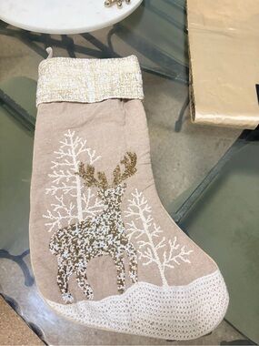 Tahari Beige and Gold Reindeer Holiday Stocking
